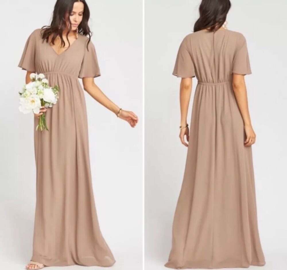 Show Me Your Mumu Women’s Brown Dune Emily Empire Maxi Dress Chiffon Wedding XXS